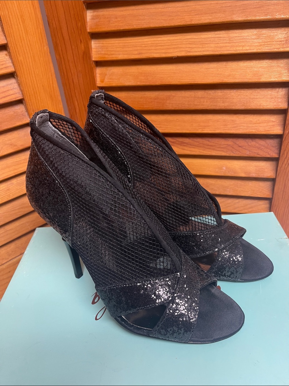 Guess by Marciano Black Mesh & Sequin Open-Toe Stilettos